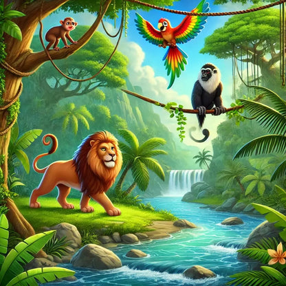 Dschungelszene mit Löwe, Affe und tropischen Vögeln.