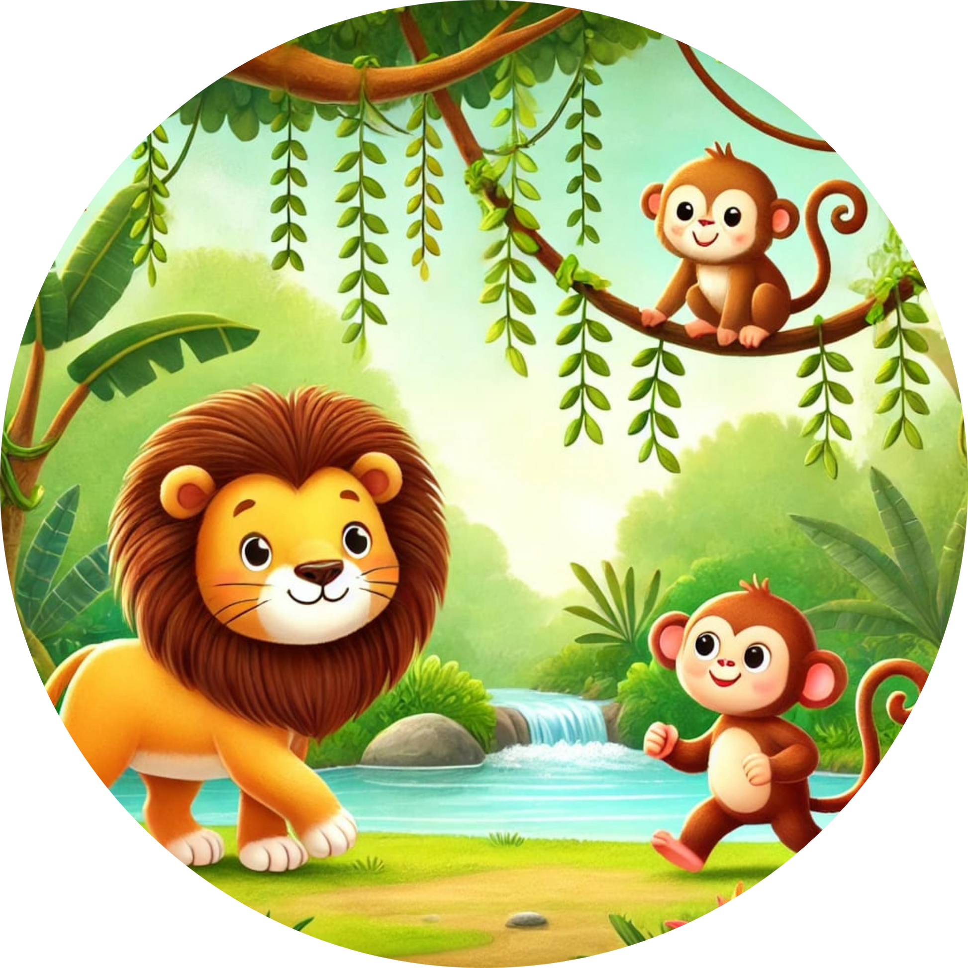 Dschungelszene mit Löwe, Affe und buntem Vogel