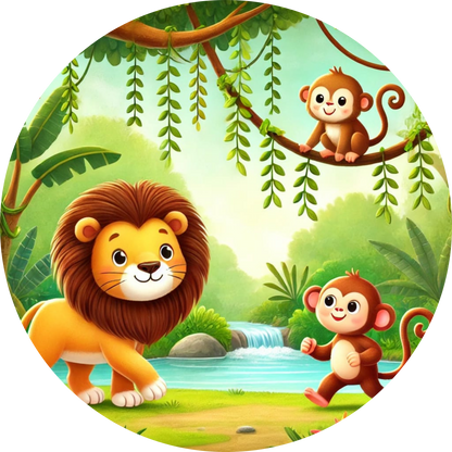 Dschungelszene mit Löwe, Affe und buntem Vogel