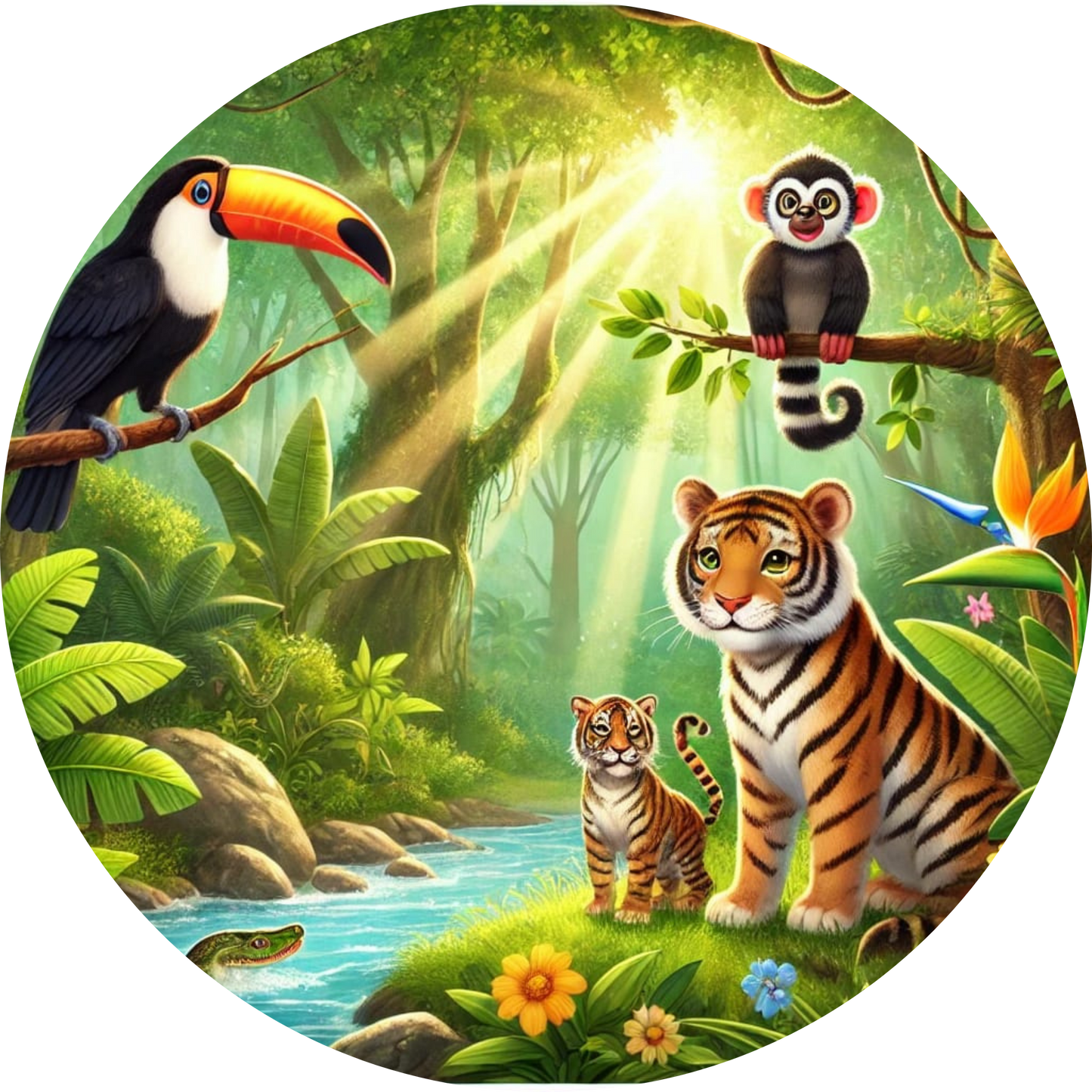 Dschungelszene mit Tigern, Affen und Papageien im Blätterdach.