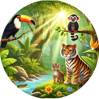 Dschungelszene mit Tigern, Affen und Papageien im Blätterdach.