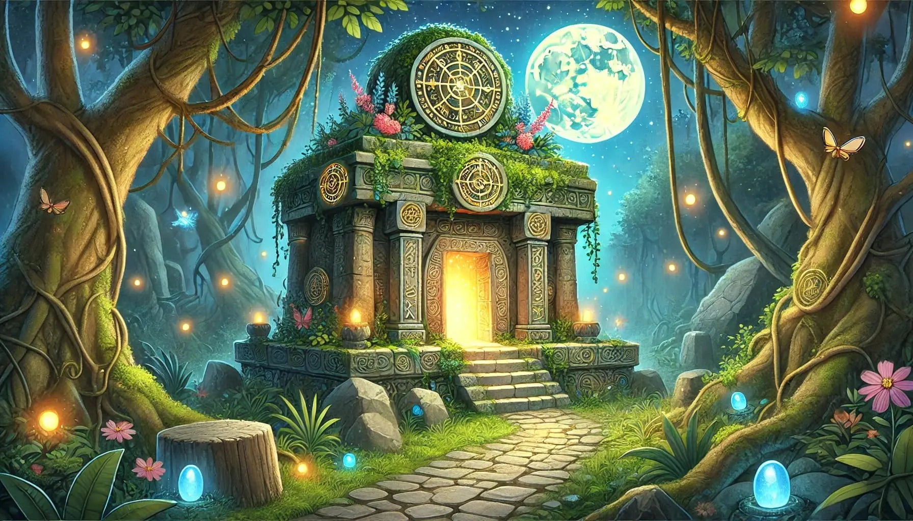 Geheimer Dschungeltempel mit leuchtender Tür, mystischen Symbolen und voller Glühwürmchen – zauberhafte Kulisse für magische Abenteuer.