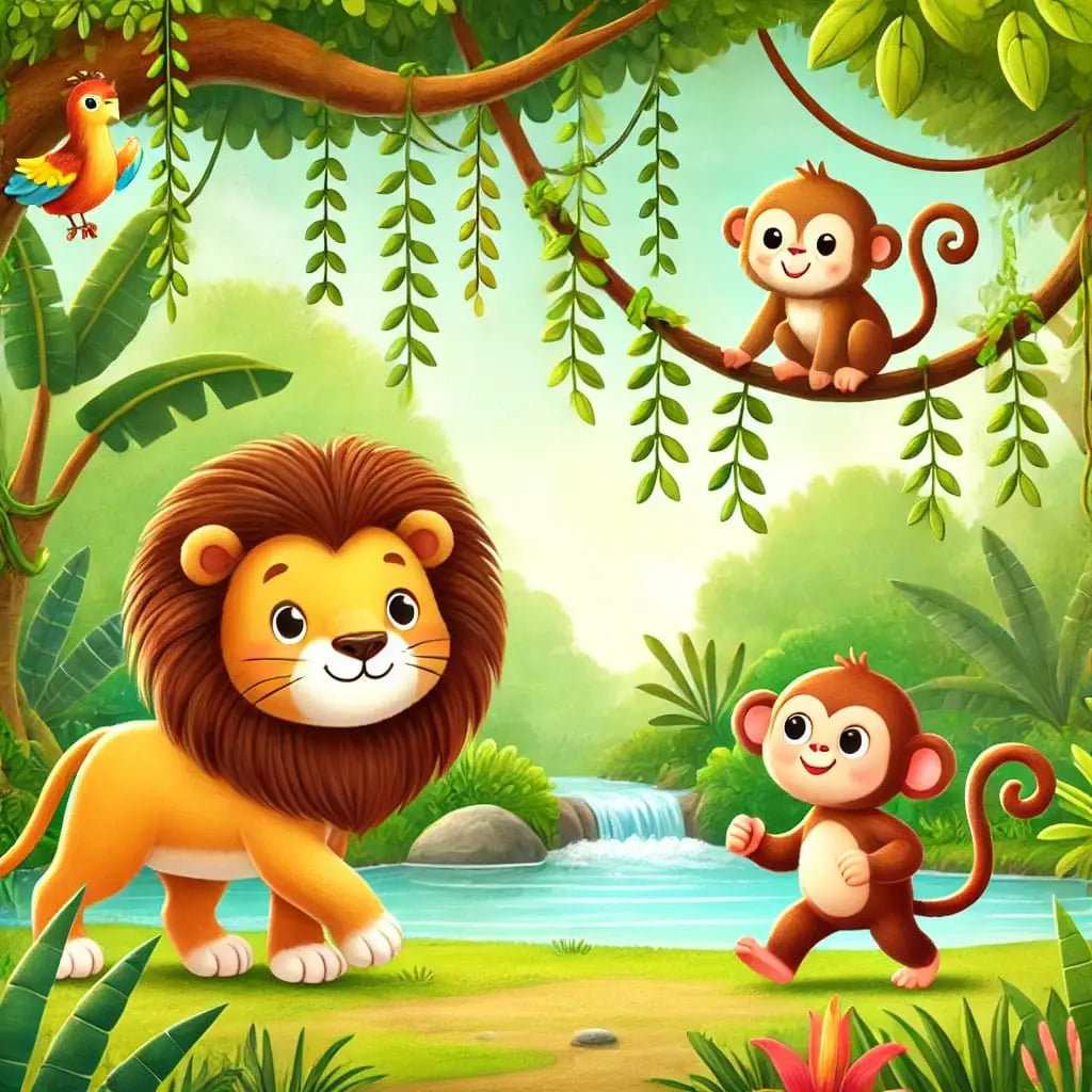 Dschungeltiere wie Löwe, Affe, Vogel im Blätterdach.