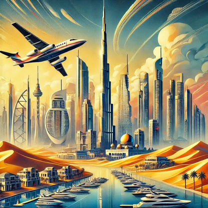 Futuristische Skyline von Dubai mit Sonnenaufgang – Moderne Wolkenkratzer und Sanddünen in goldener Lichtstimmung.