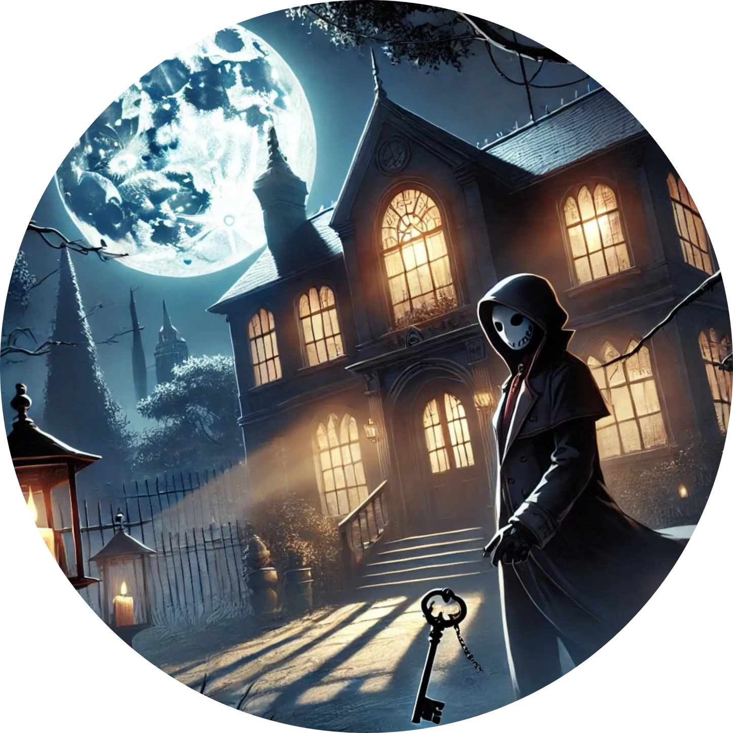 Dunkle Mangaszene mit Kapuzenträger vor altem Haus bei Vollmond
