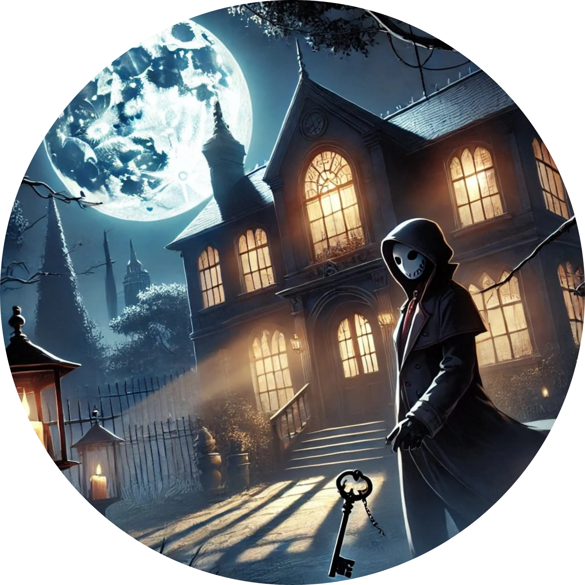 Dunkle Mangaszene mit Kapuzenträger vor altem Haus bei Vollmond
