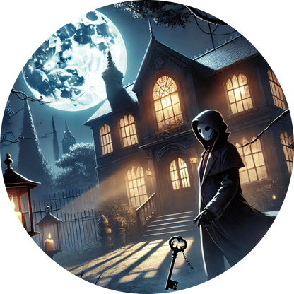 Dunkle Mangaszene mit Kapuzenträger vor altem Haus bei Vollmond
