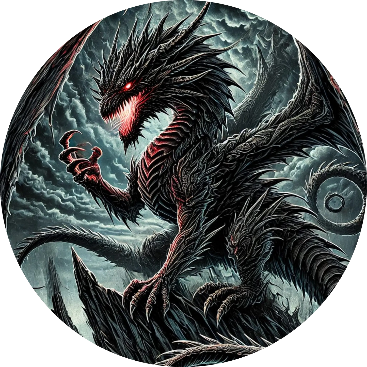 Dunkler Drache mit roten Augen in stürmischem Himmel