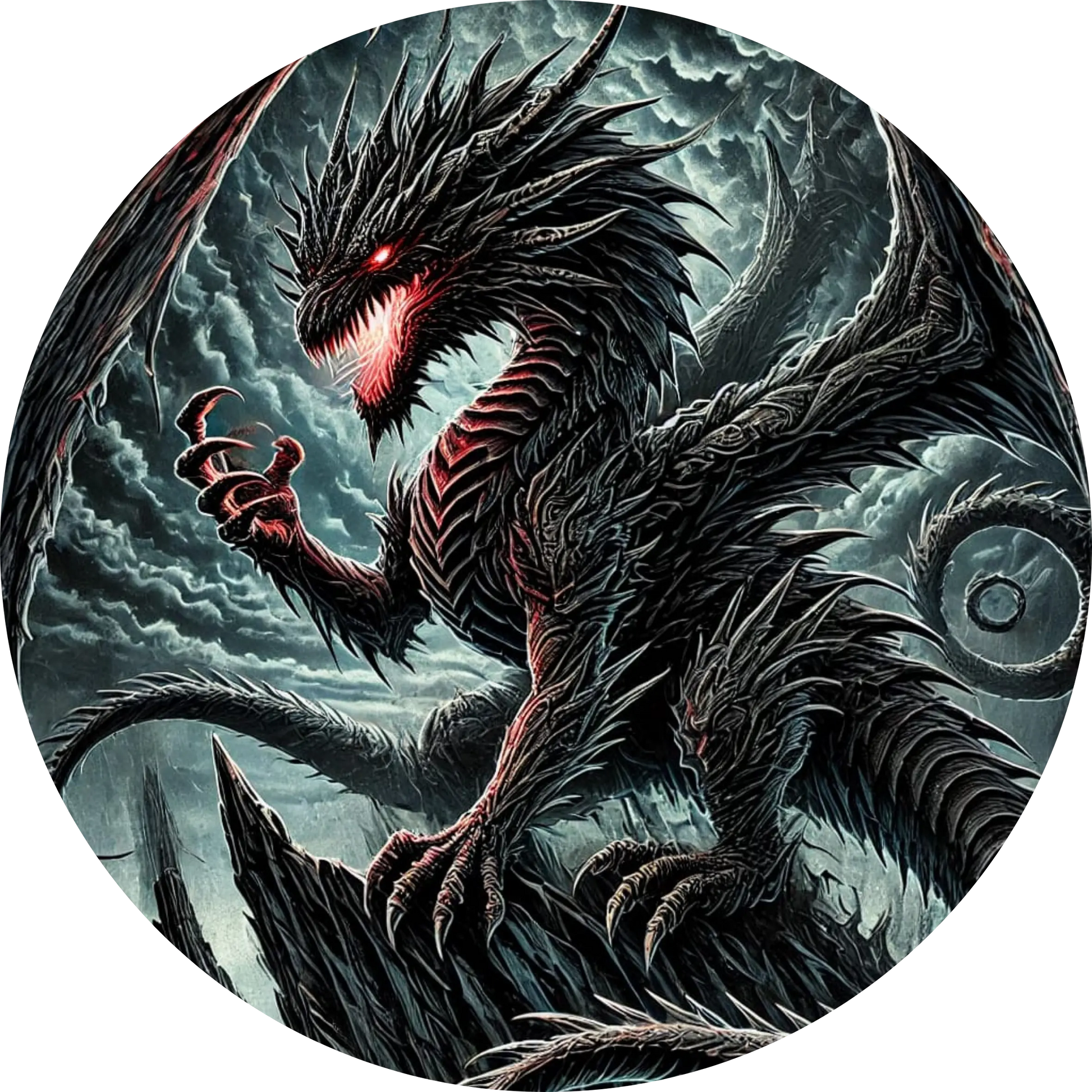 Dunkler Drache mit roten Augen in stürmischem Himmel