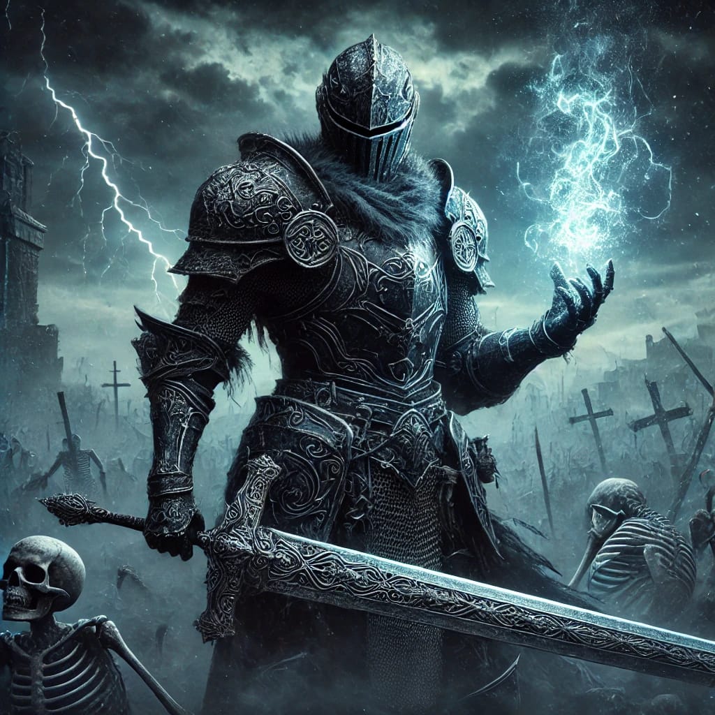 Dunkler Ritter mit Blitzen umgeben, steht mit erhobenem Schwert auf einem Friedhof voller Schädel.