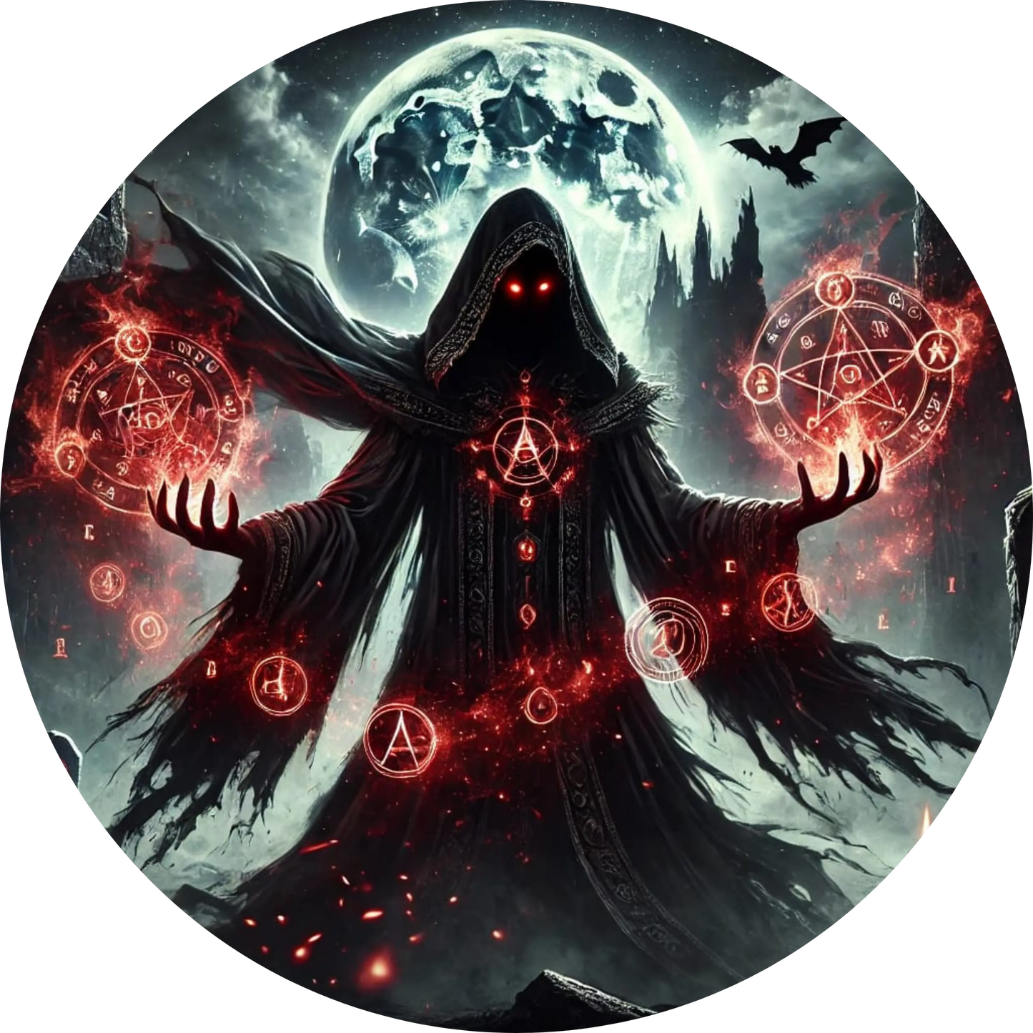 Dunkler Zauberer mit roten Lichtkugeln und Kapuze in Unterwelt