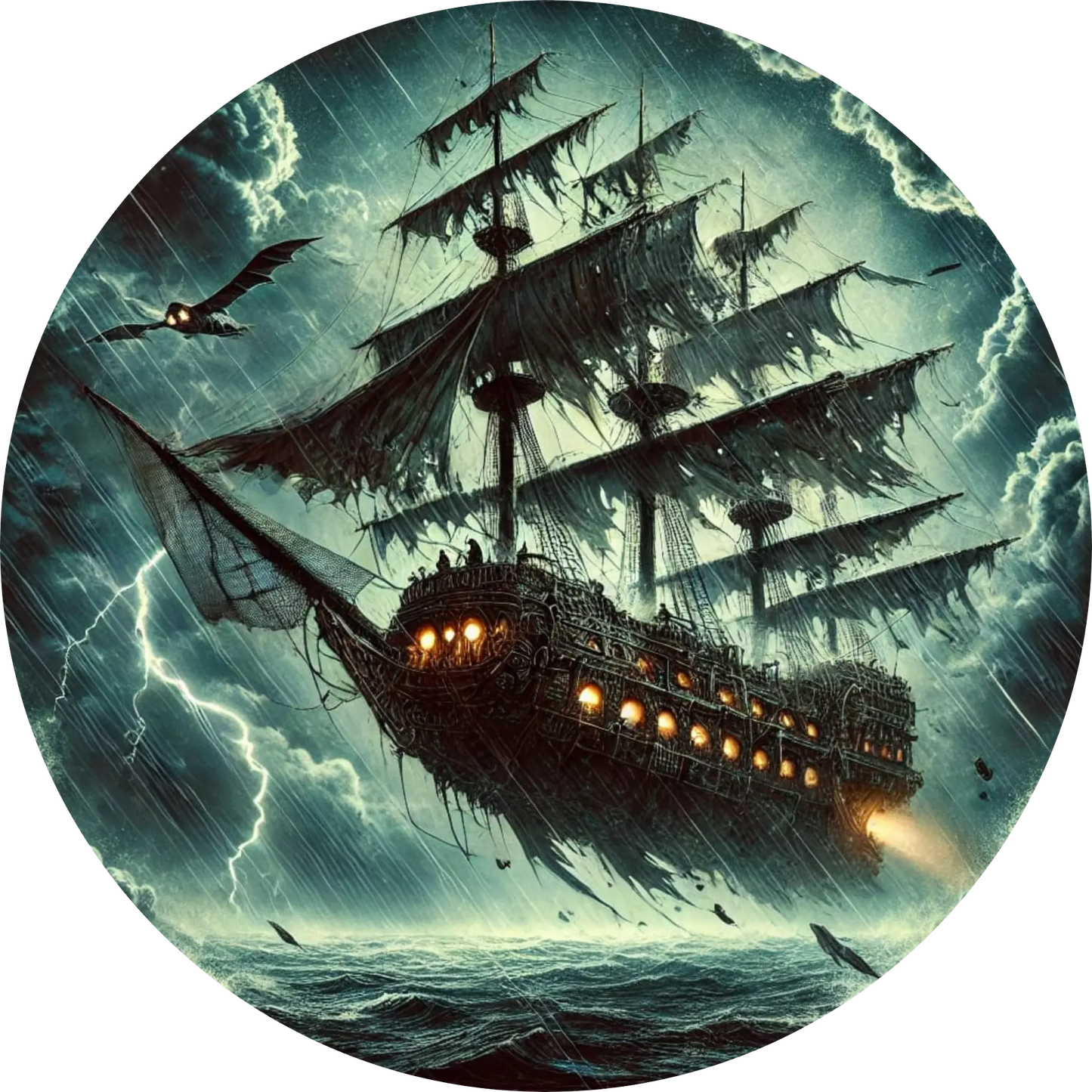 Geisterschiff über stürmischem Meer mit grünem Leuchten