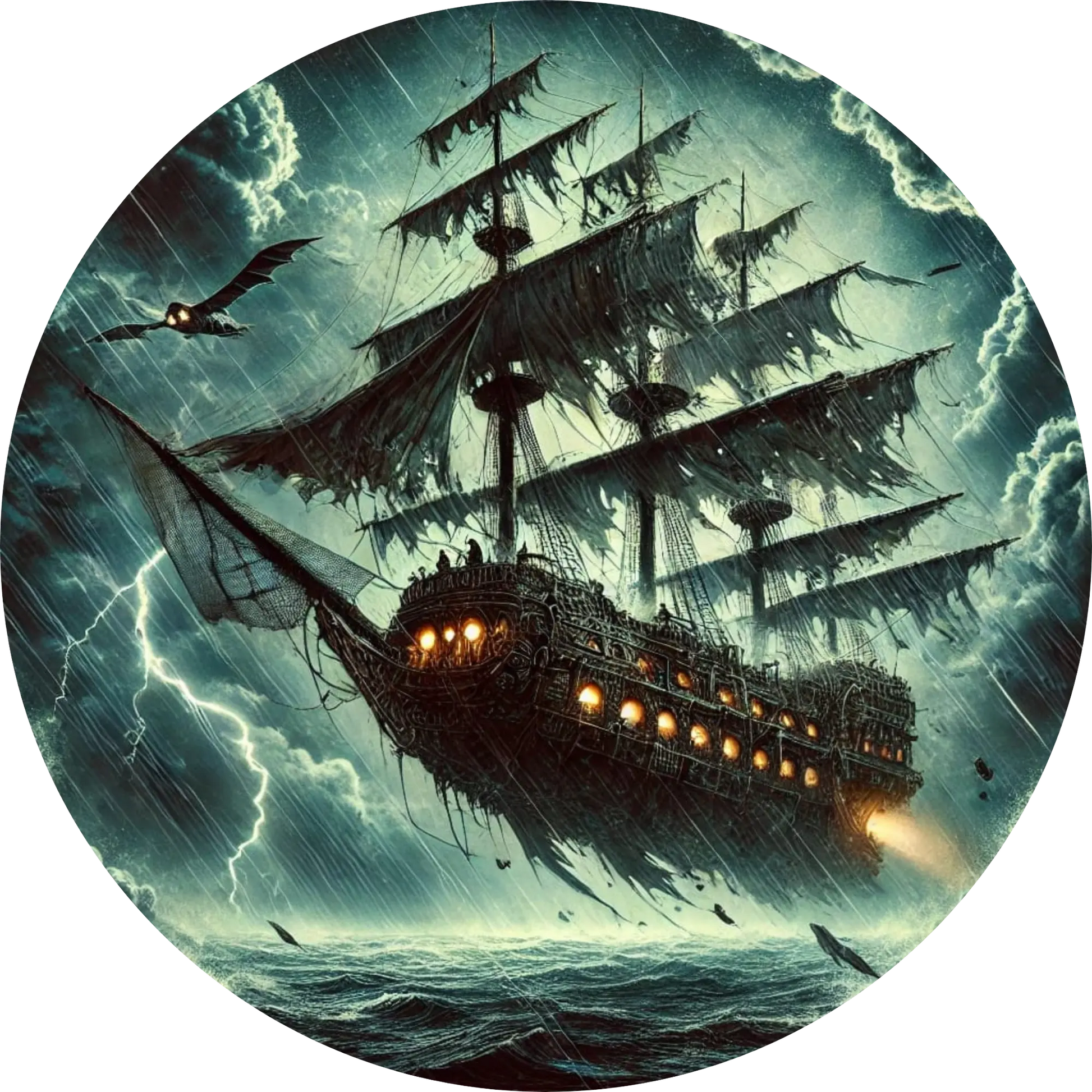 Geisterschiff über stürmischem Meer mit grünem Leuchten