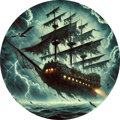 Geisterschiff über stürmischem Meer mit grünem Leuchten