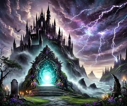 Magisch-düstere Fantasy-Szene mit nebligem Portal, dramatischem Himmel und einem geheimnisvollen Schloss auf Felsen.