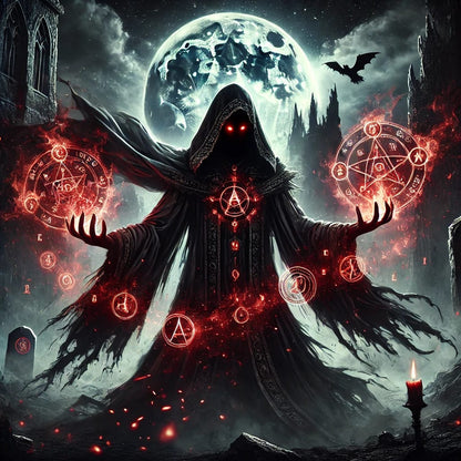 Dunkle, magische Gestalt mit roten Runenkreisen vor einem blutroten Vollmond und flackernden Kerzen.