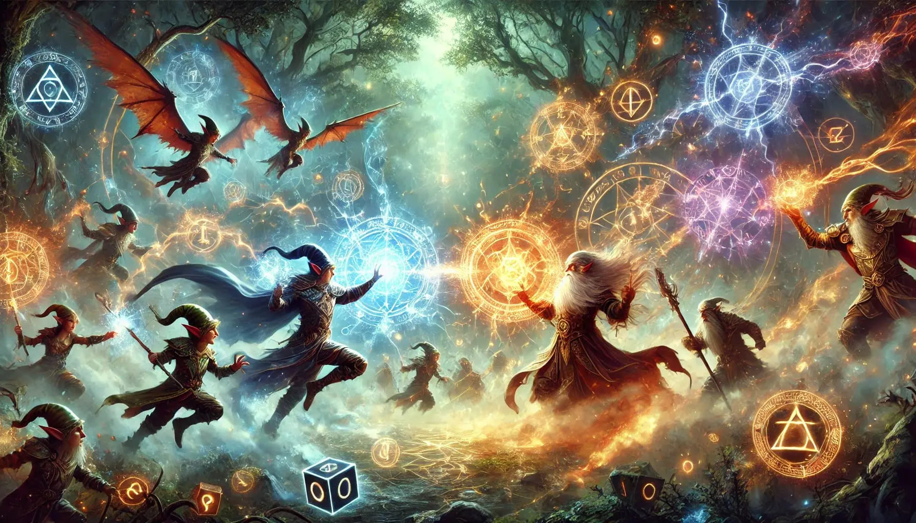 Kampf zwischen Elben und Schattenwesen, dynamische Szene mit Schwertern und Magie