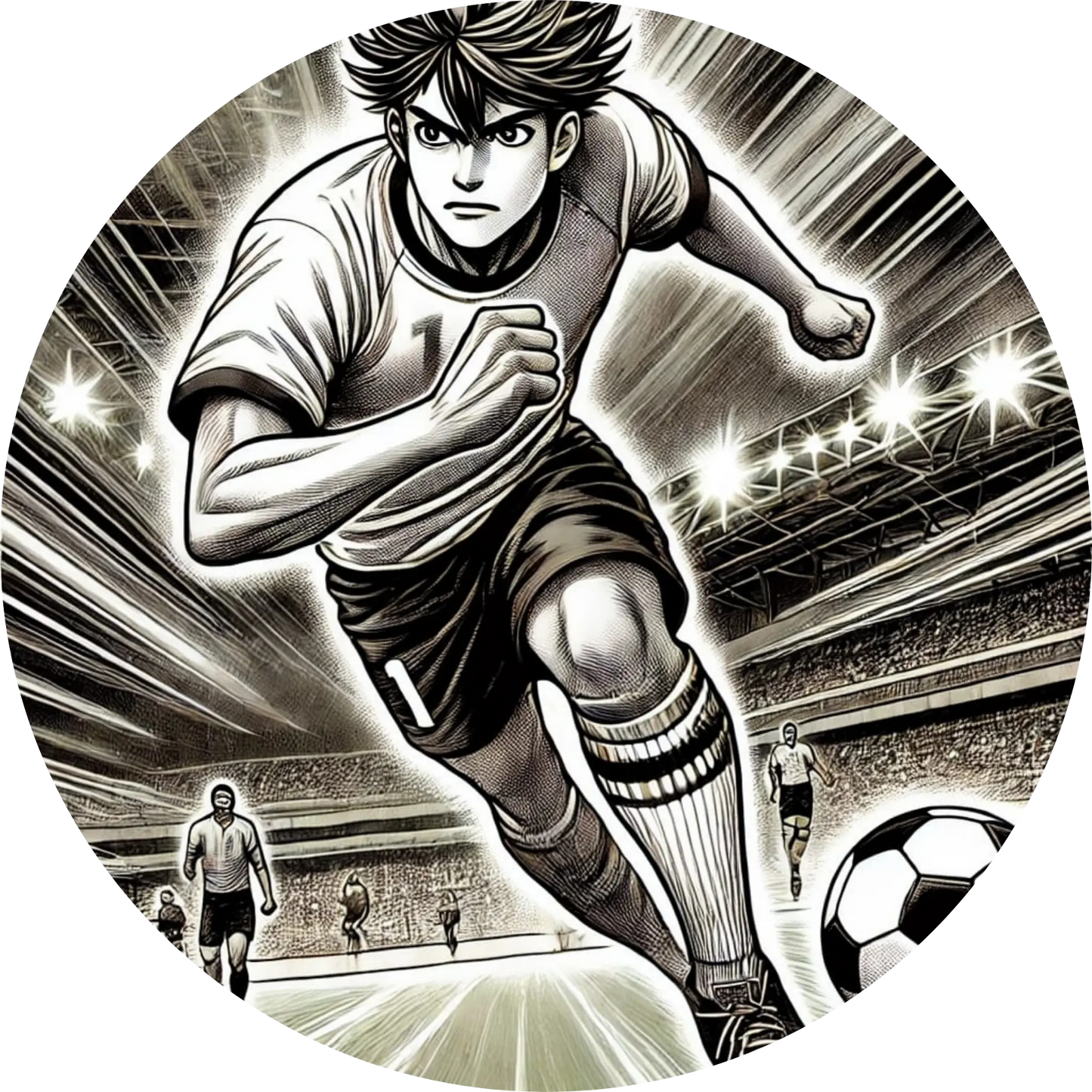 Fußballspieler im Manga-Stil sprintet dynamisch über das Spielfeld