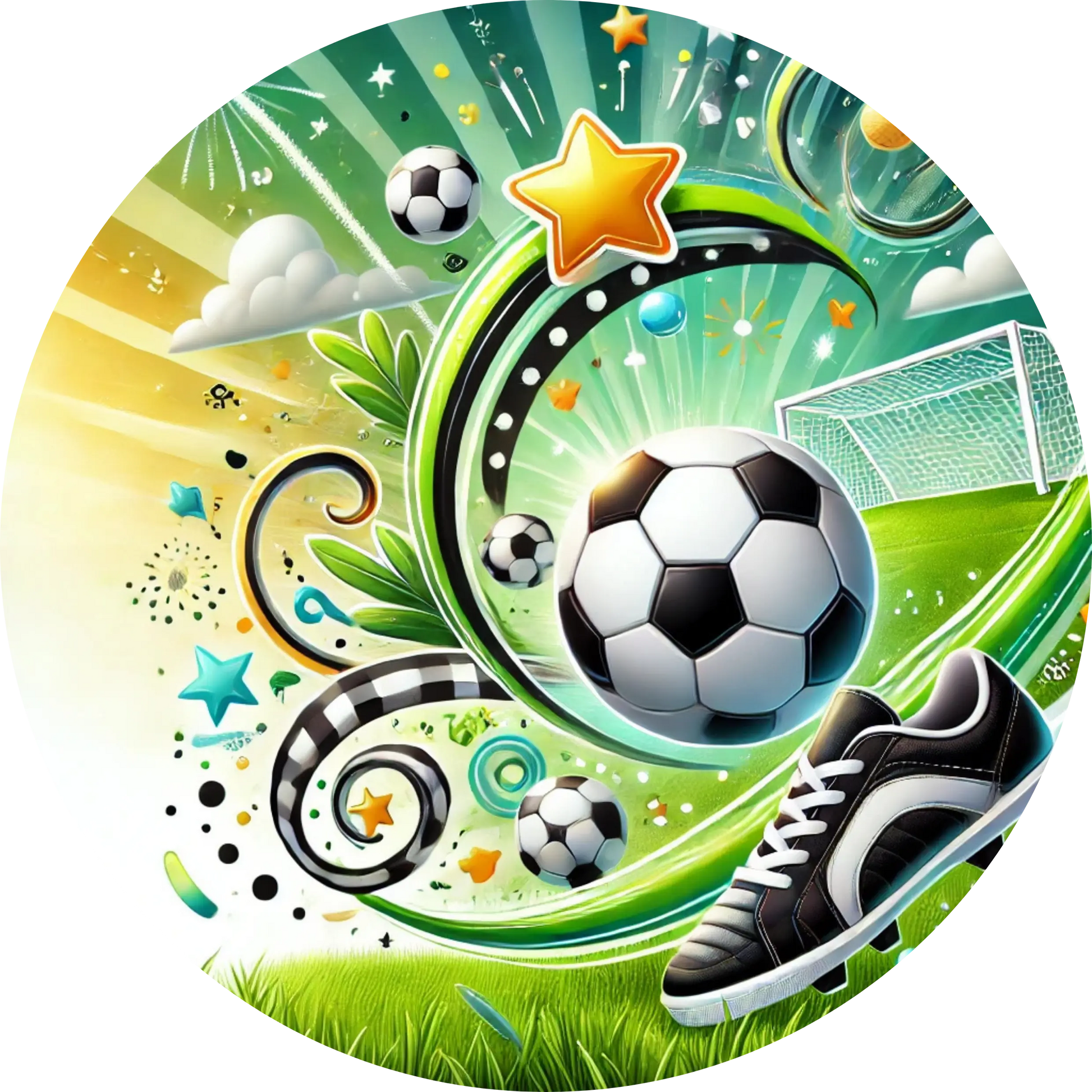 Fußball im fantasievollen Stil – leuchtender Ball mit Sternen, umgeben von energetischen Farben