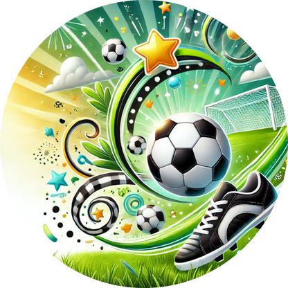 Fußball im fantasievollen Stil – leuchtender Ball mit Sternen, umgeben von energetischen Farben