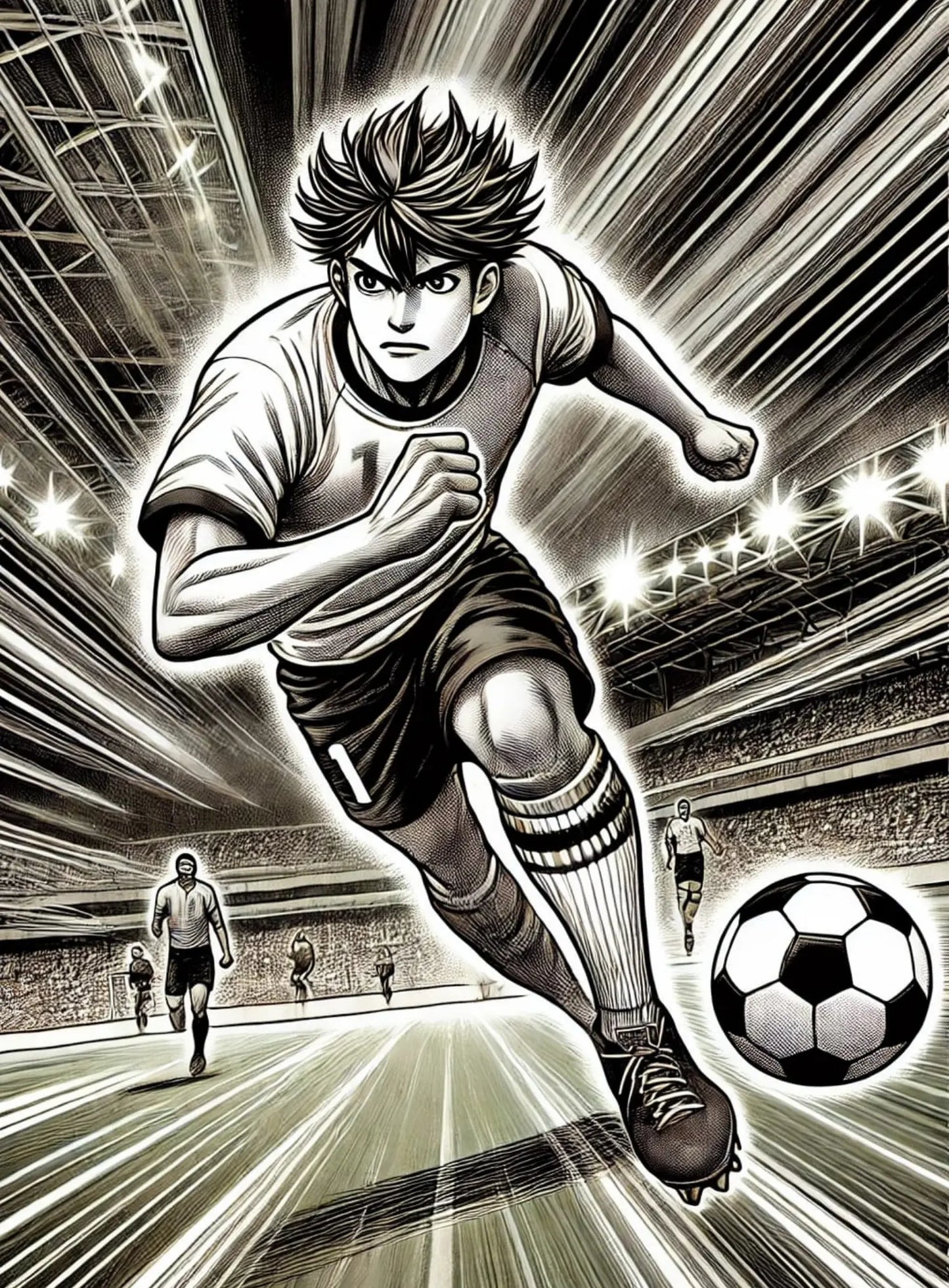 Sportlicher Manga-Fußballspieler:
Ein dynamischer Schwarz-Weiß-Manga zeigt einen Jungen in Aktion, wie er mit voller Energie einen Fußball schießt.