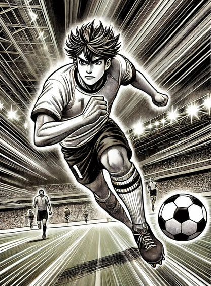 Sportlicher Manga-Fußballspieler:
Ein dynamischer Schwarz-Weiß-Manga zeigt einen Jungen in Aktion, wie er mit voller Energie einen Fußball schießt.
