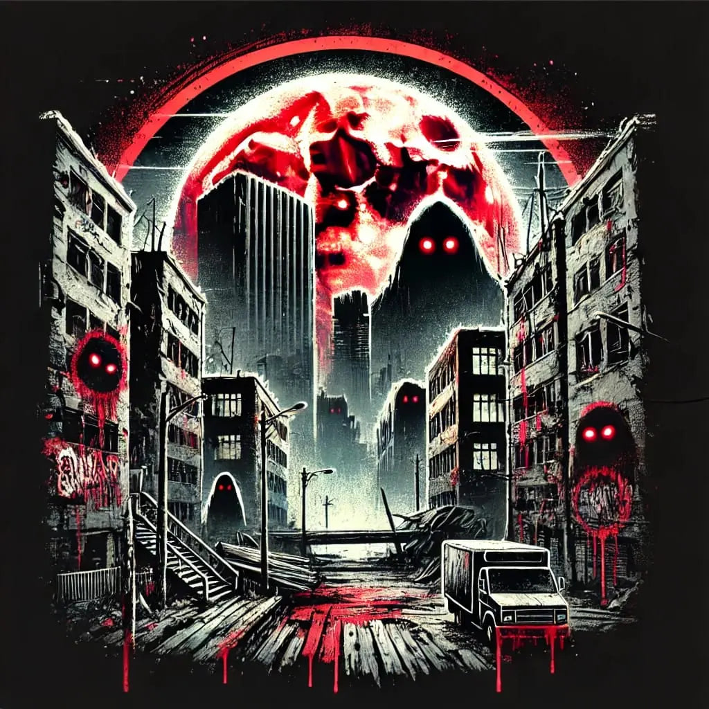 Zerstörte Großstadt unter blutrotem Himmel, bedrohliche Roboter patrouillieren – düstere Zukunftsvision.