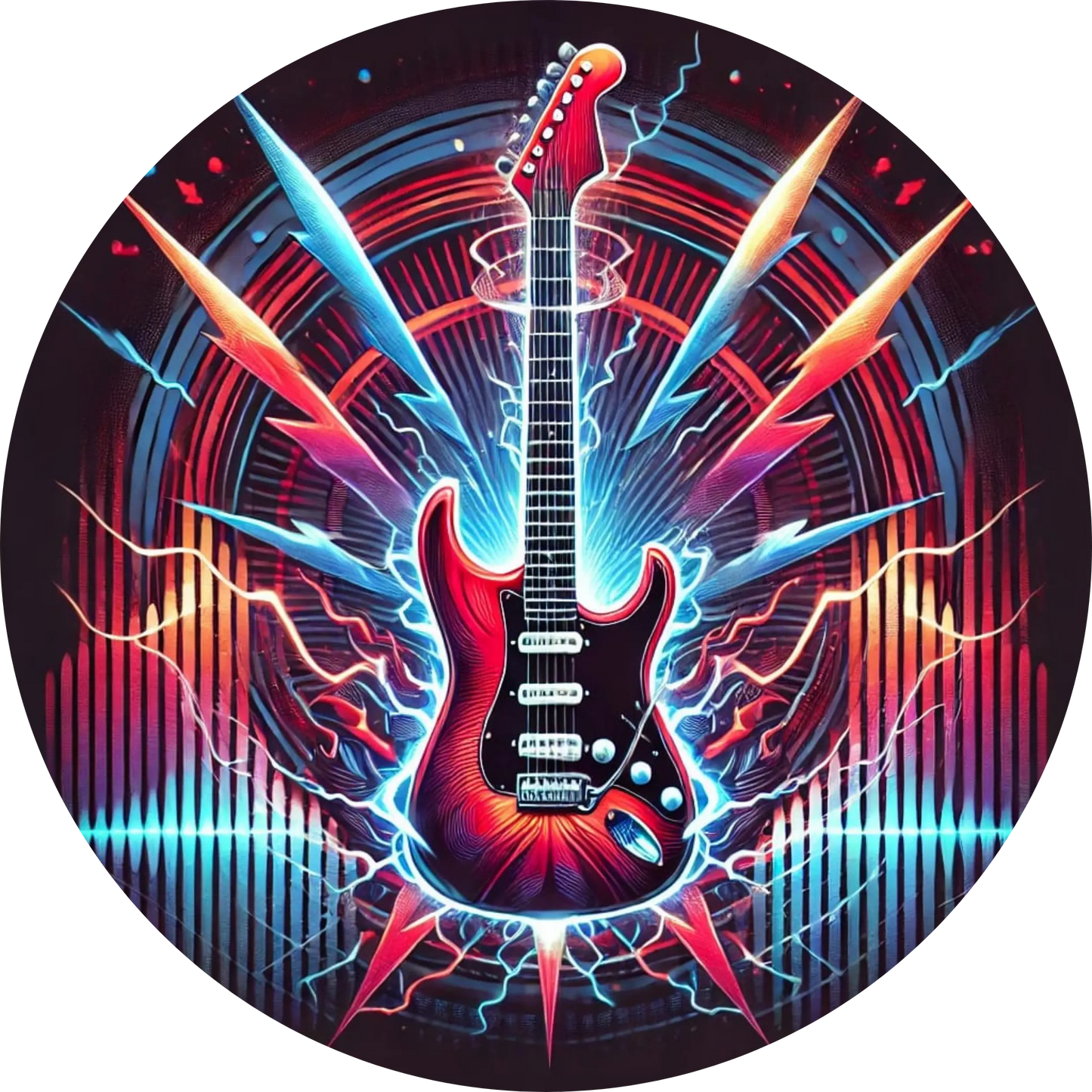 E-Gitarre im grellen Cyberpunk-Stil mit Neonblitzen im Hintergrund
