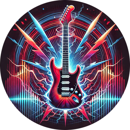 E-Gitarre im grellen Cyberpunk-Stil mit Neonblitzen im Hintergrund

