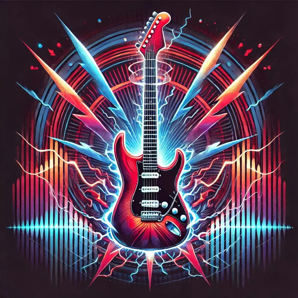 E-Gitarre im Neonblitzlicht – Elektrische Gitarre mit grellen Blitzen, Sternen und leuchtendem Hintergrund.