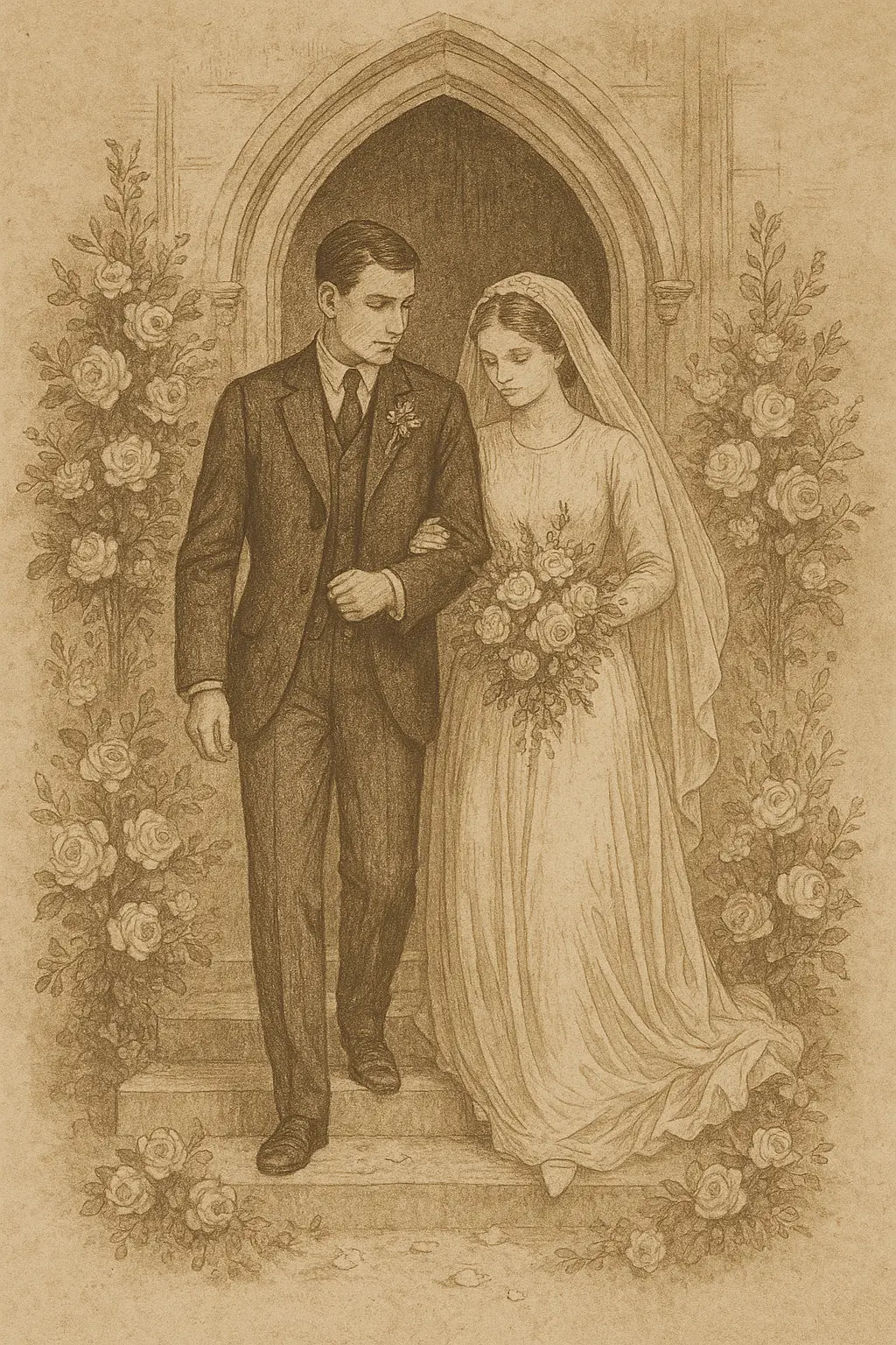 Vintage-inspirierte Zeichnung eines Brautpaares, das gemeinsam die Kirche verlässt, umgeben von detailliert gezeichneten Blumenranken.