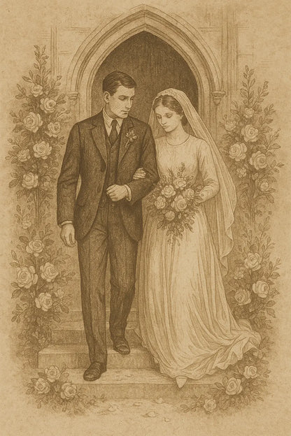Vintage-inspirierte Zeichnung eines Brautpaares, das gemeinsam die Kirche verlässt, umgeben von detailliert gezeichneten Blumenranken.