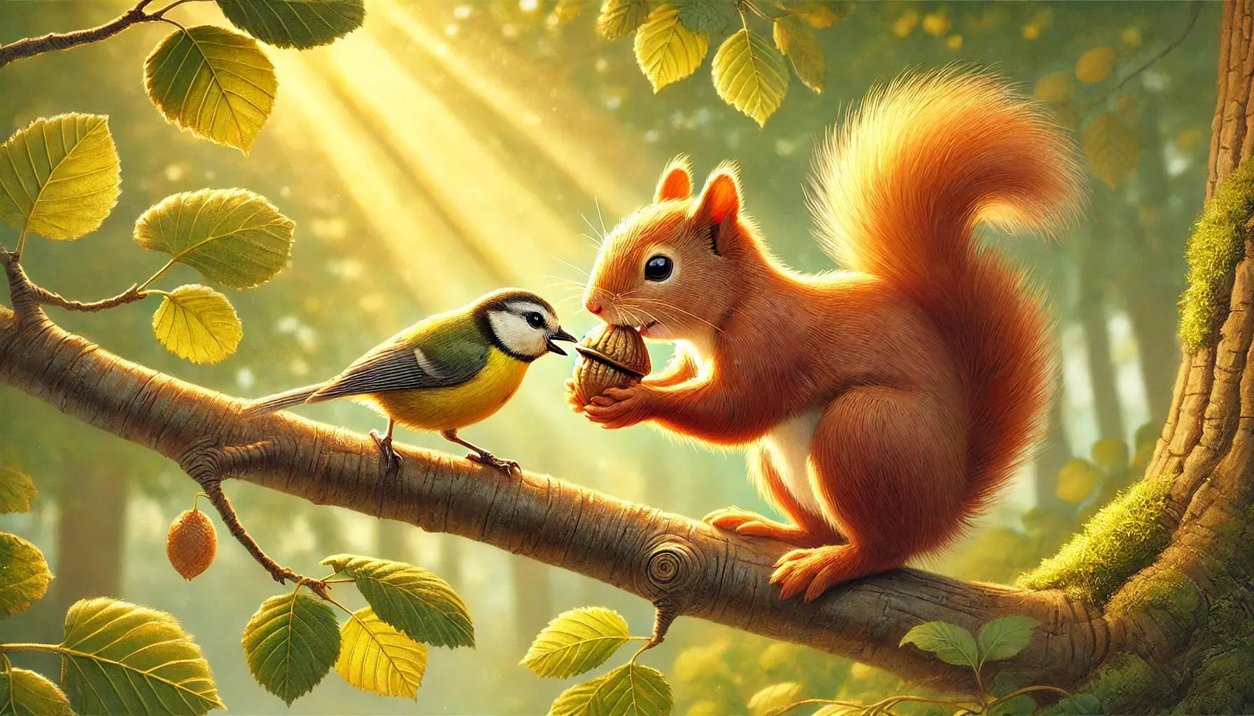 Eichhörnchen und Vogel sitzen auf einem Ast und teilen eine Eichel