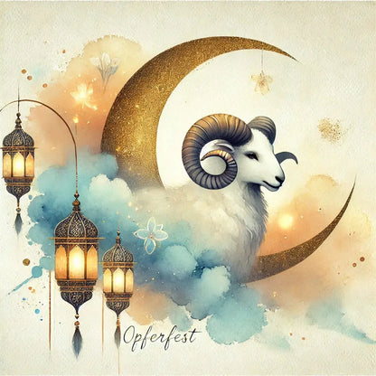 Widder mit Halbmond & Laternen – Eid al-Adha – Islamisch inspiriertes Motiv mit Widder, Halbmond und goldenen Laternen – passend zum Opferfest (Eid al-Adha).
