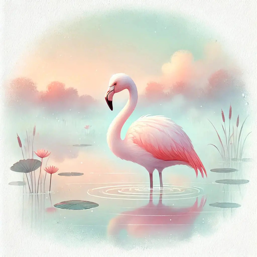 Ein Flamingo im Wasser bei Sonnenuntergang mit rosa Spiegelung