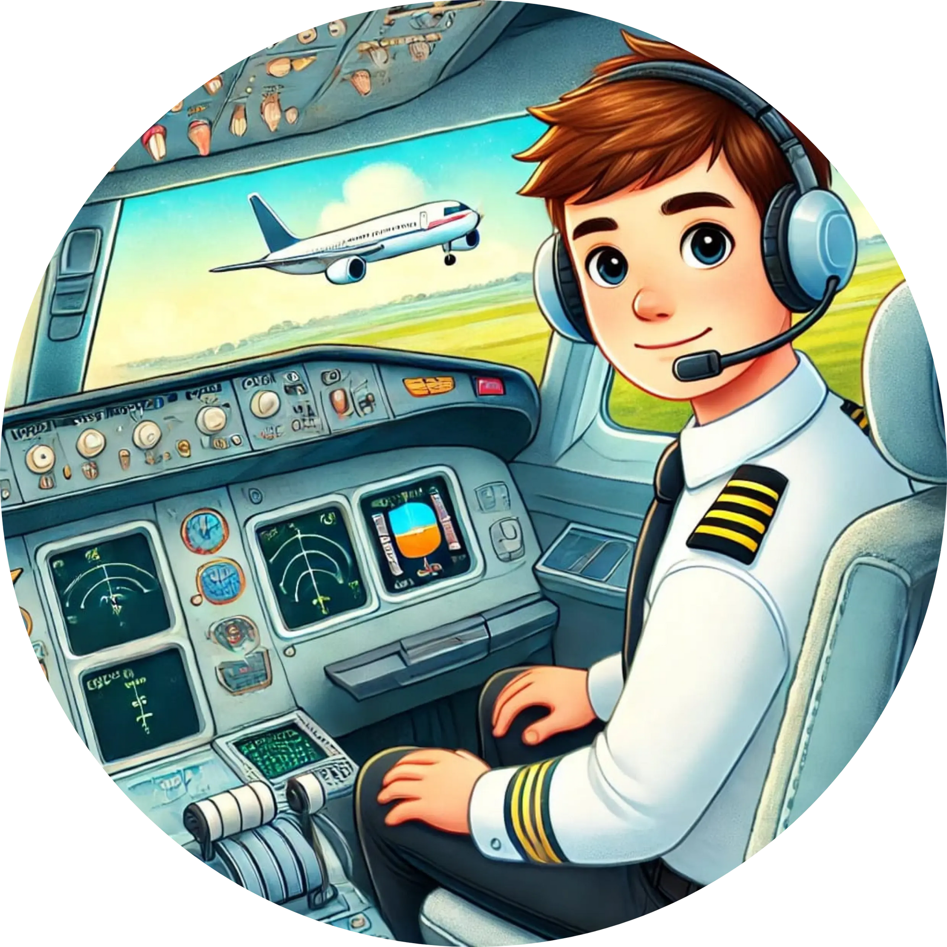 Ein junger Pilot im Cockpit eines Linienfliegers – konzentrierter Gesichtsausdruck, realistische Darstellung.