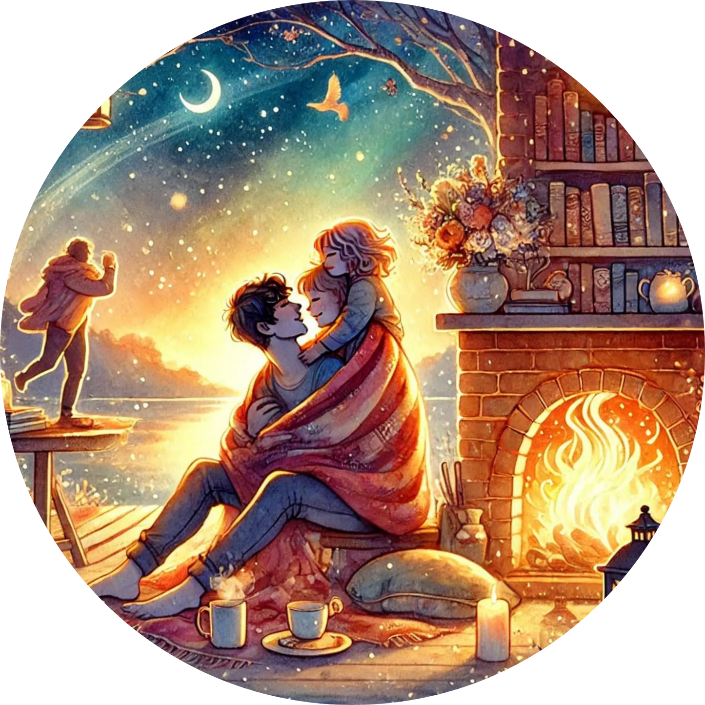 Kuschelige Szene mit einer Familie vor einem Kamin, eingehüllt in eine Decke.