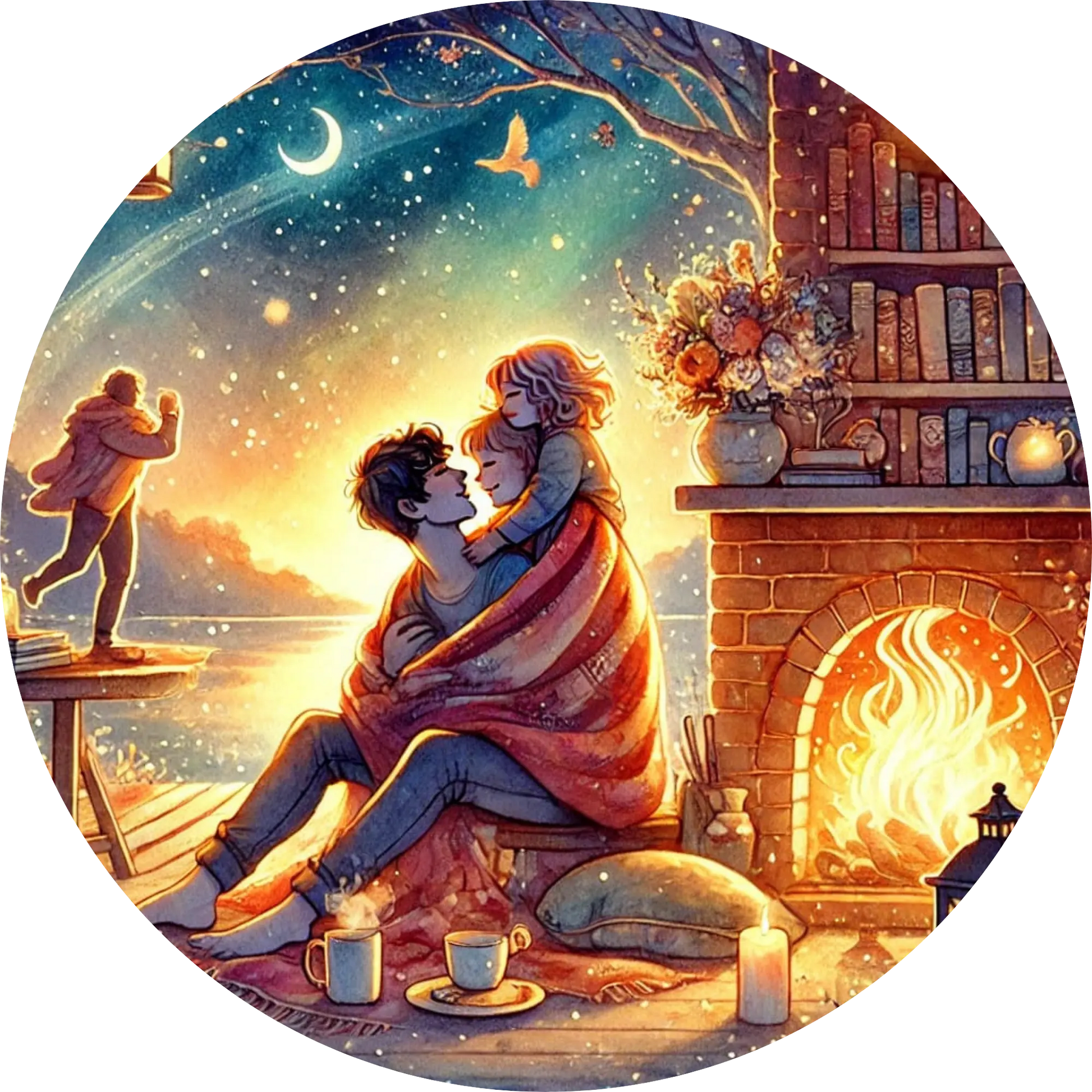 Kuschelige Szene mit einer Familie vor einem Kamin, eingehüllt in eine Decke.