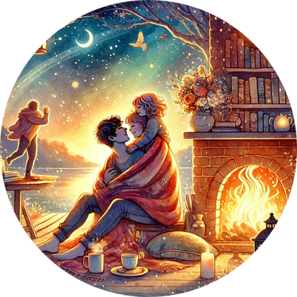 Kuschelige Szene mit einer Familie vor einem Kamin, eingehüllt in eine Decke.