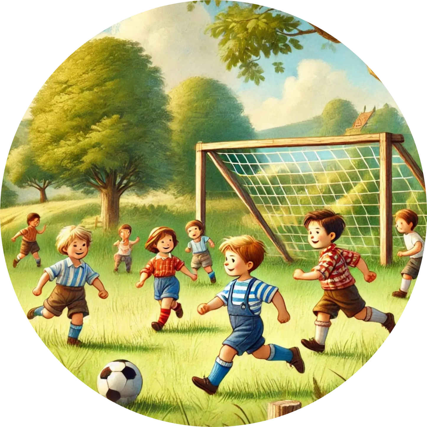 Bunte Kinderszene beim fröhlichen Fußballspiel auf einer Wiese