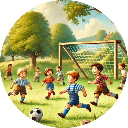 Bunte Kinderszene beim fröhlichen Fußballspiel auf einer Wiese