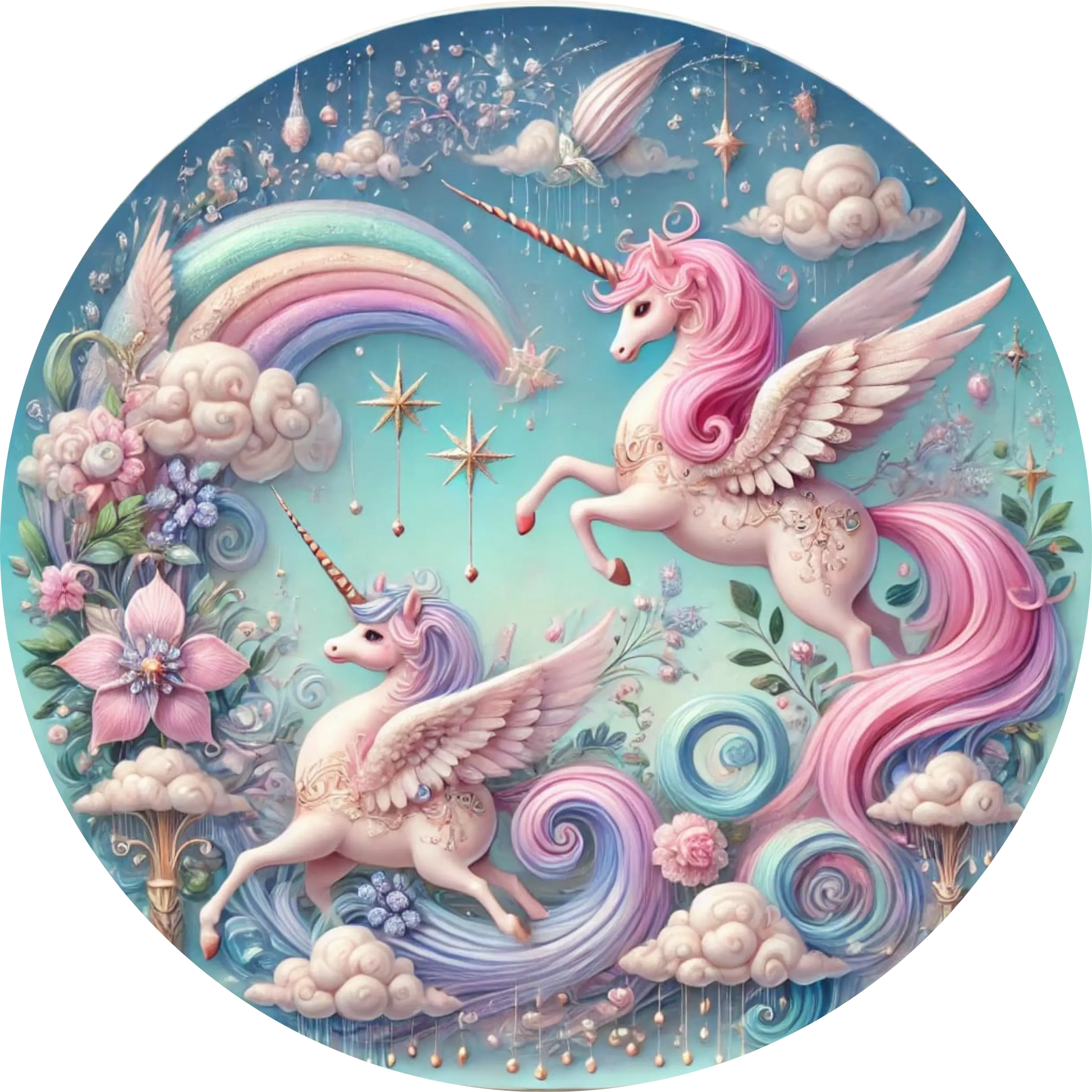 Zwei rosa Einhörner spielen auf einer glitzernden Blumenwiese