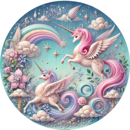 Zwei rosa Einhörner spielen auf einer glitzernden Blumenwiese