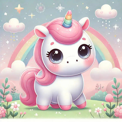 Niedliches Einhorn im Chibi-Stil mit Regenbogen und Herzchen auf hellem Himmelshintergrund – sehr kindlich, bunt und verspielt, ideal für kleine Kinder.
