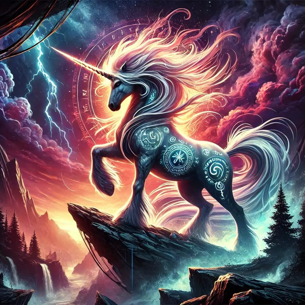 Flammendes Einhorn auf Klippe mit leuchtender Mähne – energiegeladenes, dramatisches Motiv.