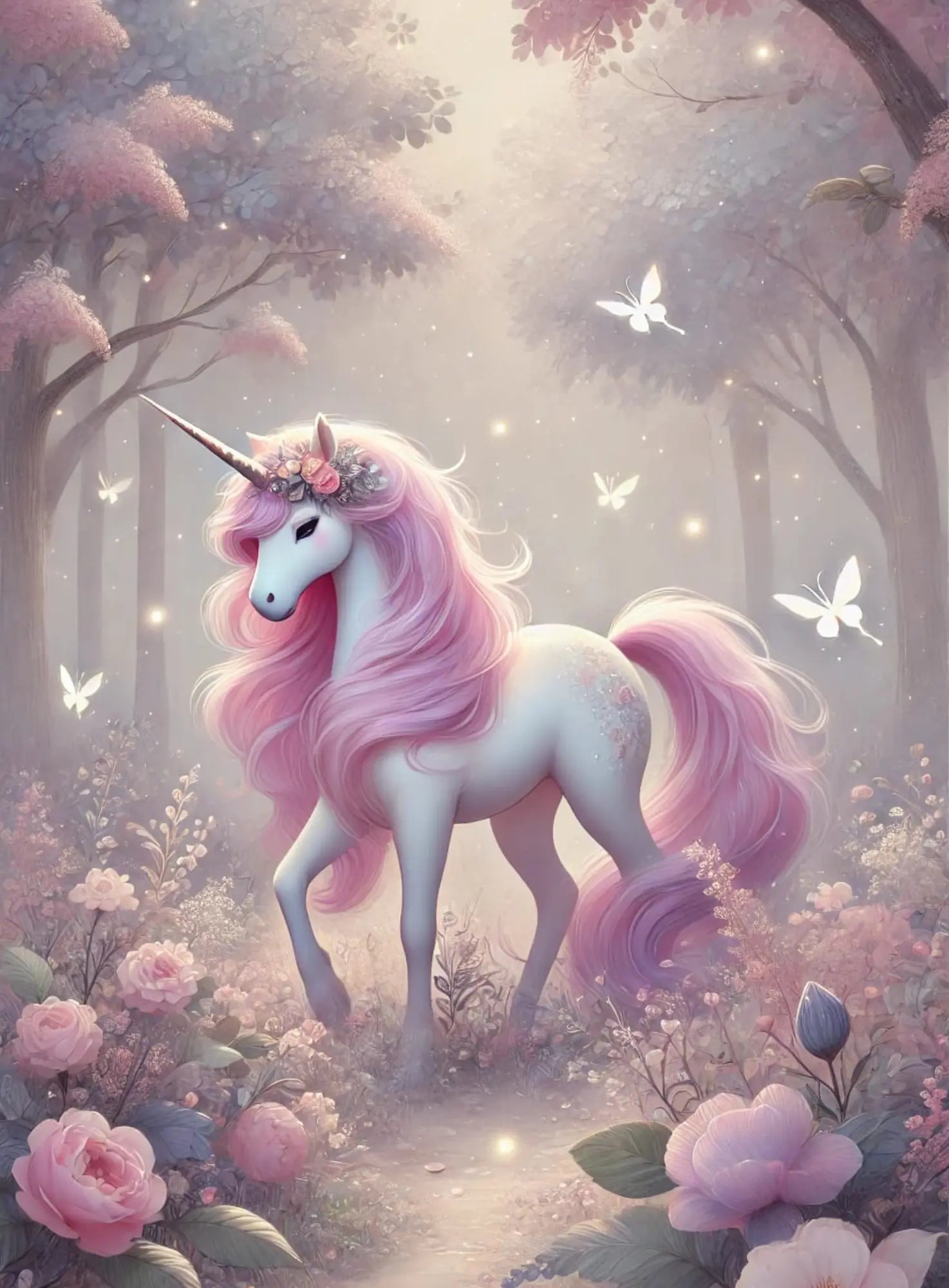 Rosa Einhorn mit glänzendem Fell steht auf Wolken im Märchenwald – träumerisches Fantasy-Motiv.