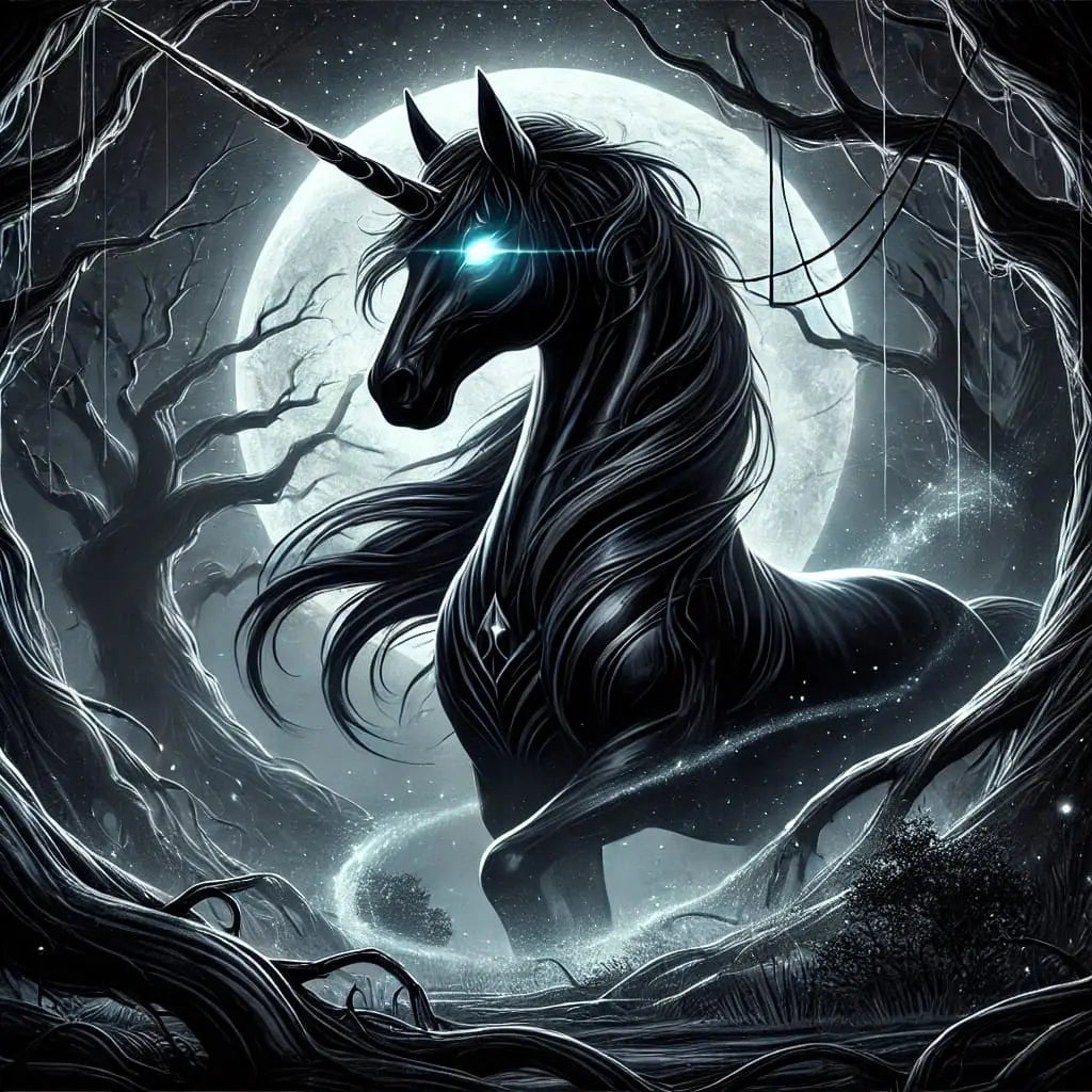 Schwarzes Einhorn mit blauer Mähne in düsterem Porträt-Stil – geheimnisvoll und ausdrucksstark.