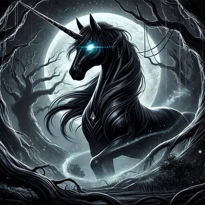 Schwarzes Einhorn mit blauer Mähne in düsterem Porträt-Stil – geheimnisvoll und ausdrucksstark.