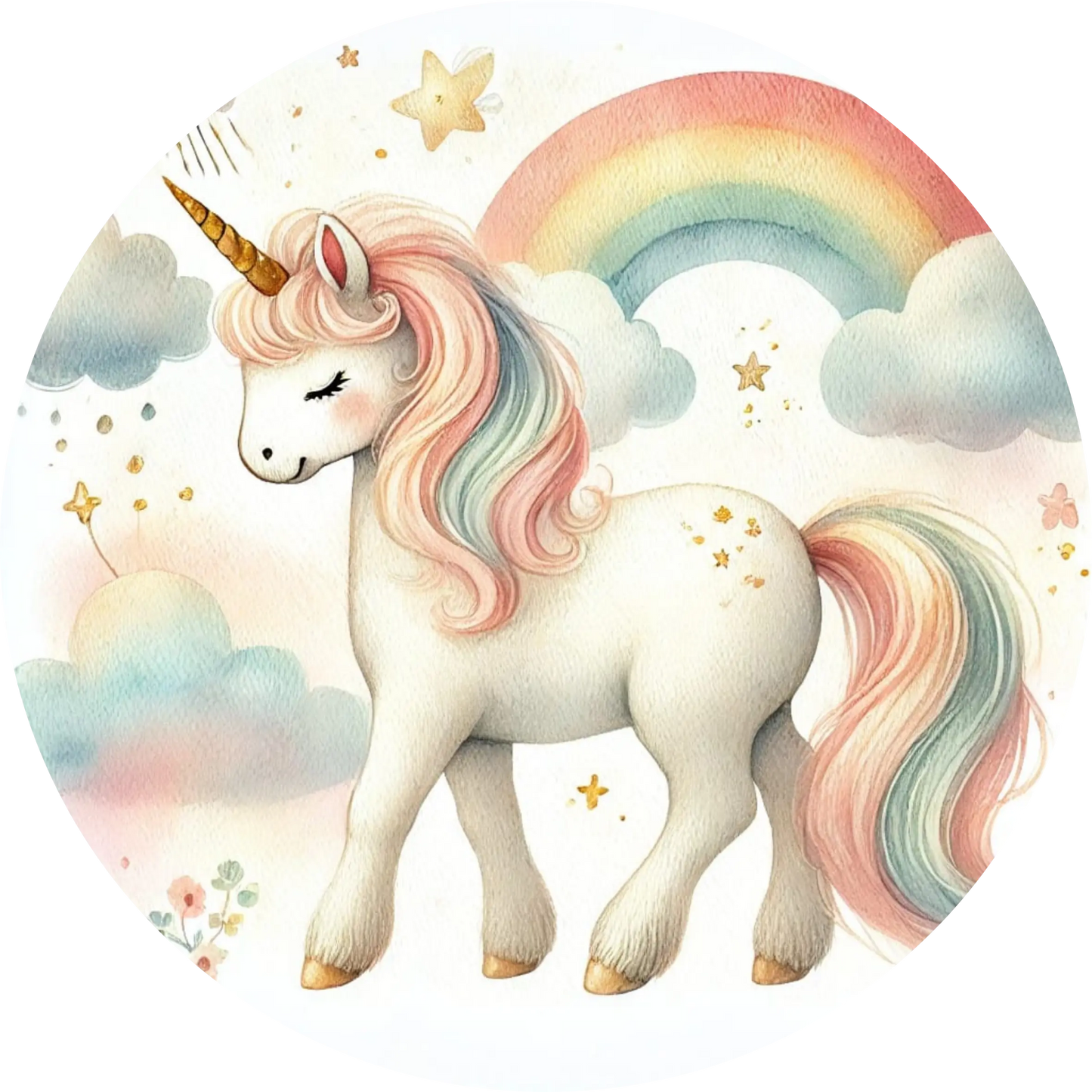 Weißes Einhorn mit goldenen Hufen auf einem Regenbogen

