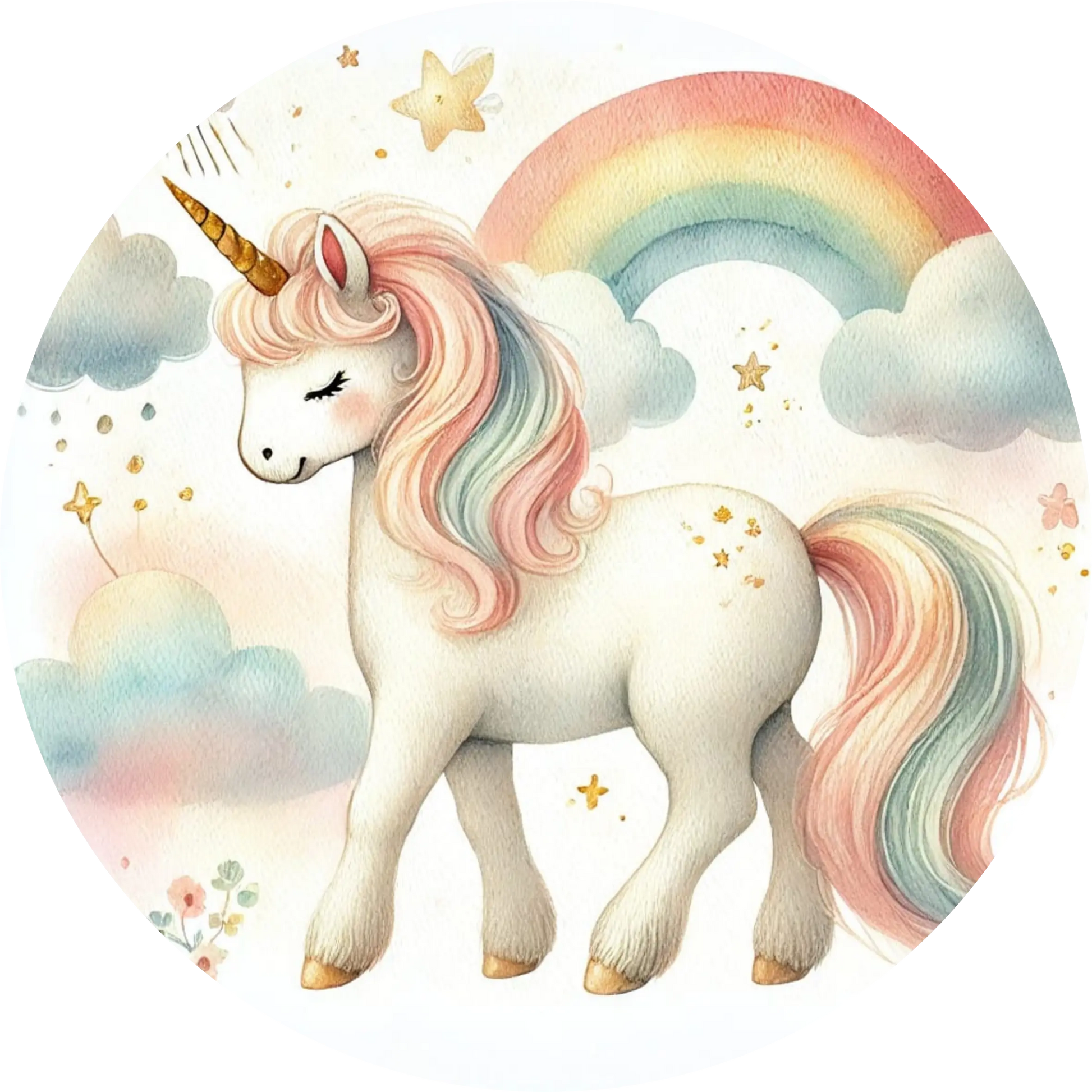 Weißes Einhorn mit goldenen Hufen auf einem Regenbogen

